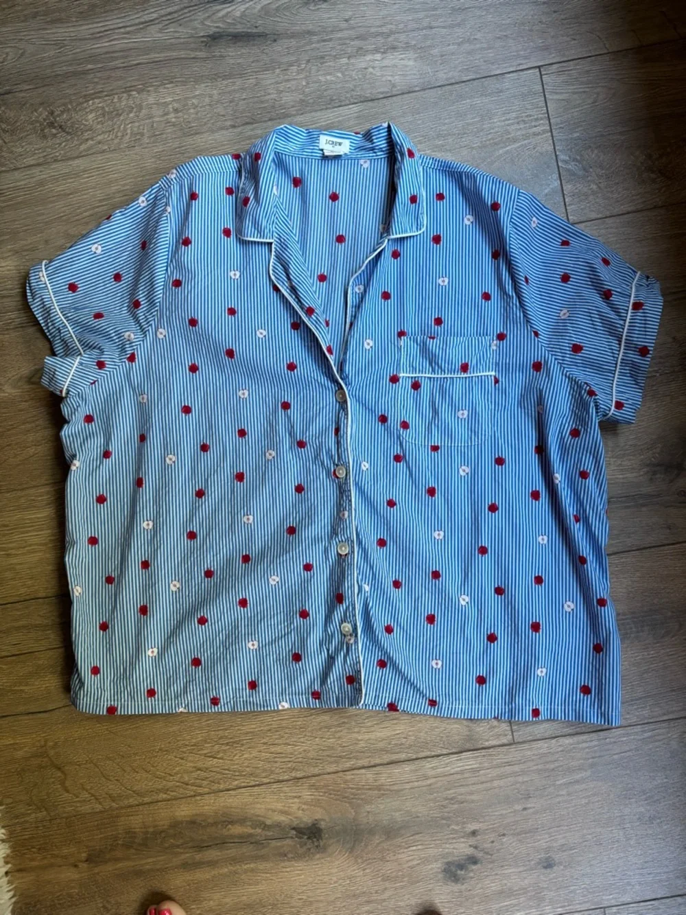 J. Crew Blue Stripe Short Pajama Top with Red Apple Print 3X Cotton